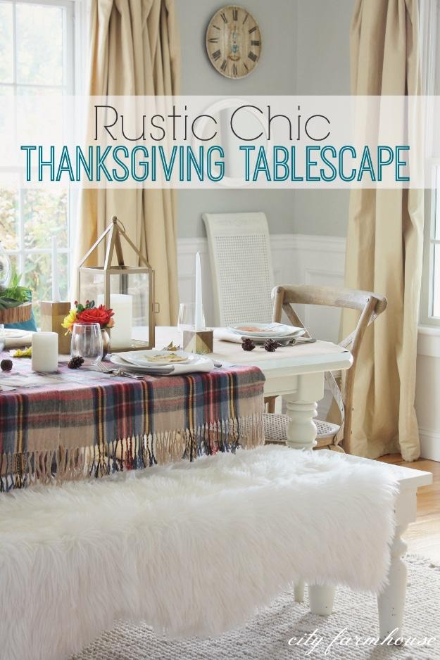 Rustic chic Thanksgiving tablescape with a birch log gratitude jar centerpiece, plaid runners and spray painted vases