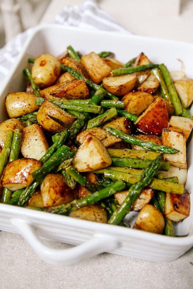 Balsamic roasted new potatoes with asparagus, quartered potatoes and asparagus tips roasted in balsamic