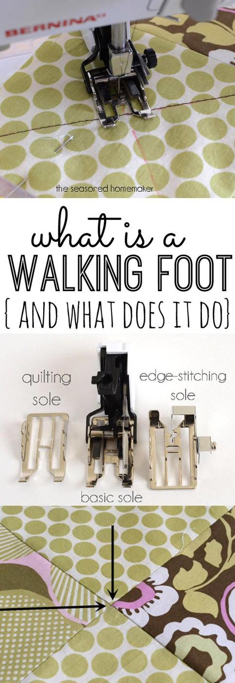 How to understand the walking foot, a walking foot stitching olive dotted fabric above three interchangeable sole attachments