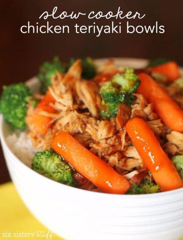 Slow cooker chicken teriyaki bowls served over rice with vegetables, a healthy crockpot dinner idea, healthy and easy