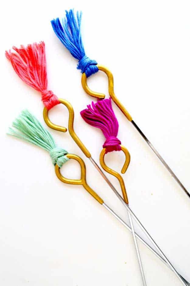 Tasseled Roasting Sticks, low mess and low stress to make and a clever way to use scraps you already have