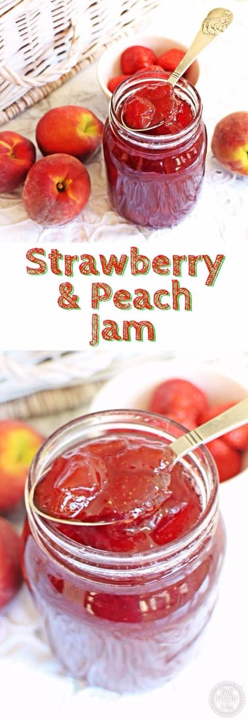 Strawberry and peach jam in glass jars, made with fresh strawberries and sliced peaches, with scones nearby
