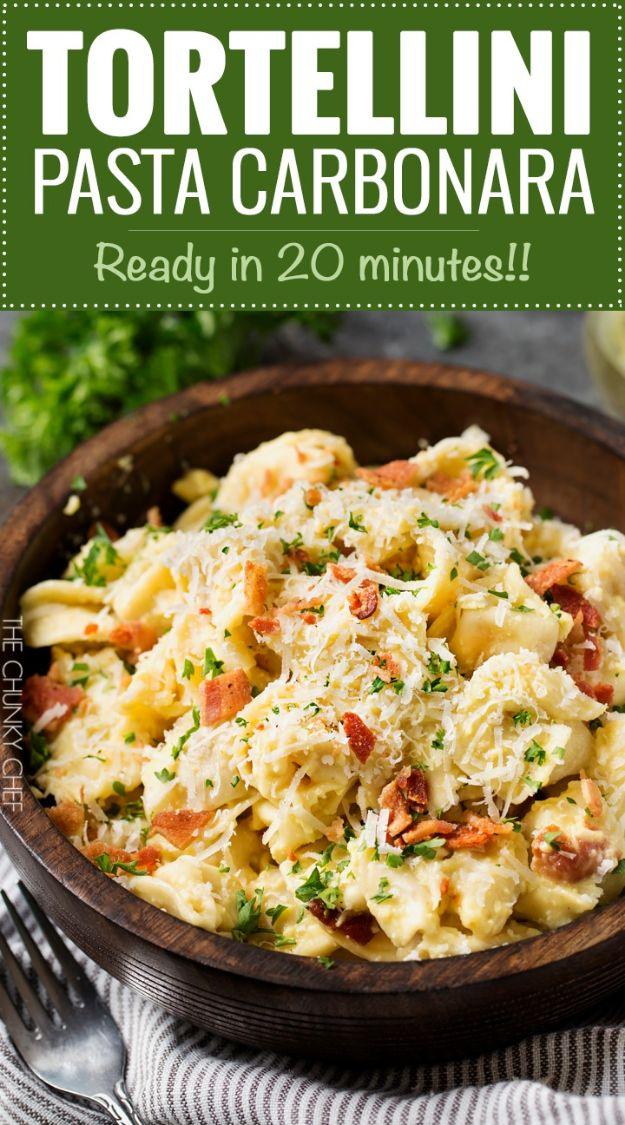 Tortellini pasta carbonara with cheese tortellini, crisp bacon, grated parmesan and cracked black pepper