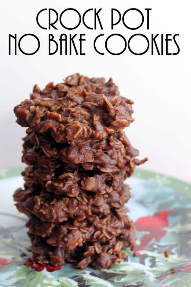 Crock pot no bake cookies, a tall stack of dark chocolate oatmeal cookies on a holiday patterned plate