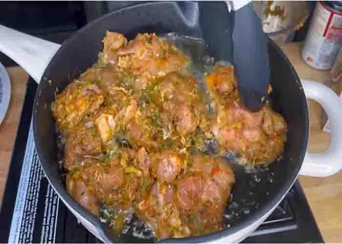 Searing the chicken for the chicken and broccoli rice recipe