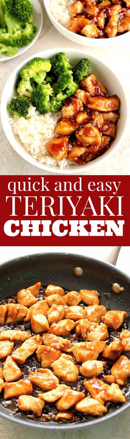 Quick teriyaki chicken rice bowl with glazed chicken pieces, steamed broccoli and hot white rice ready to serve at home