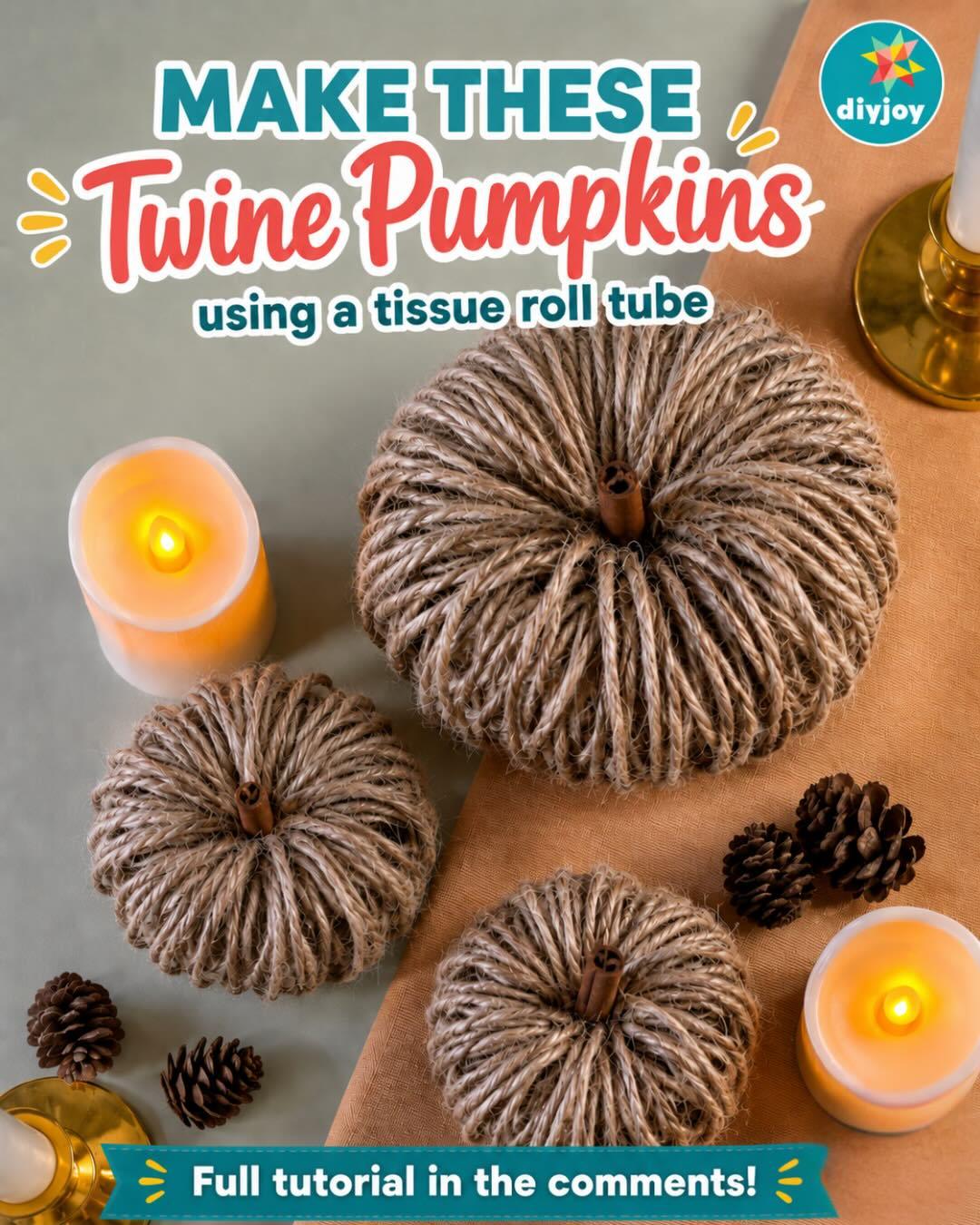 Rustic fall decor - twine pumpkins with cinnamon stick stems displayed with candles and pinecones on a table