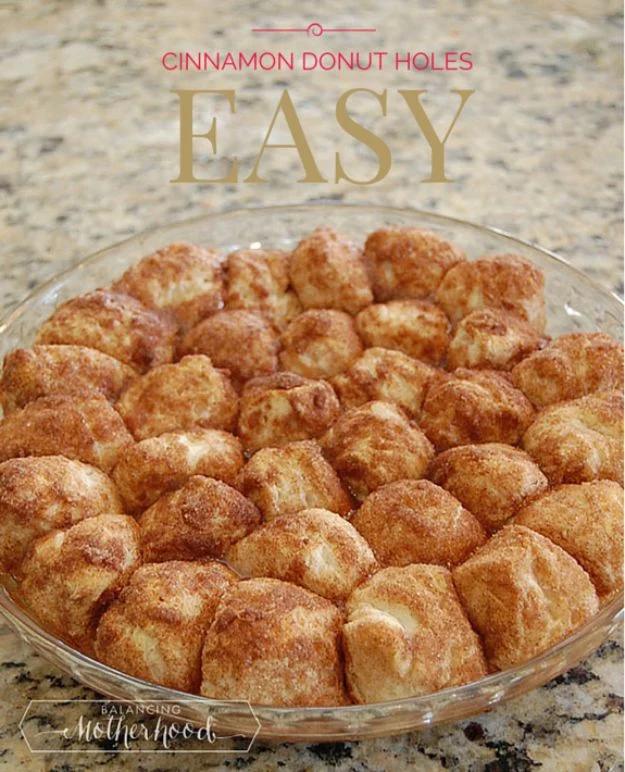 Cinnamon sugar donut holes fried from quartered canned biscuit dough, an easy breakfast treat kids will eat