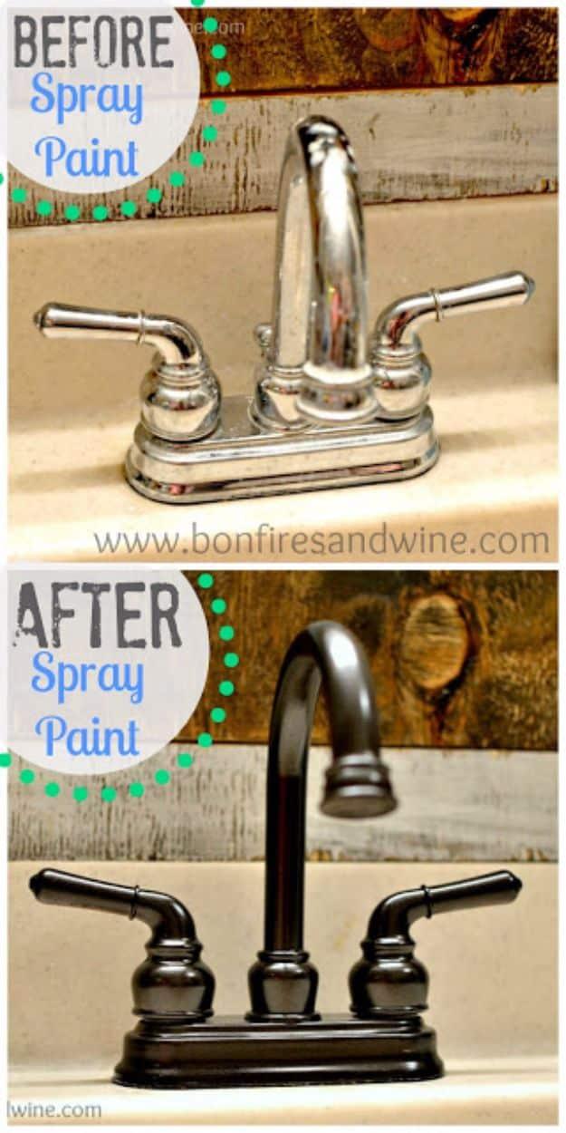 Before and after labelled spray paint, a chrome bathroom faucet and the same faucet in oil rubbed bronze