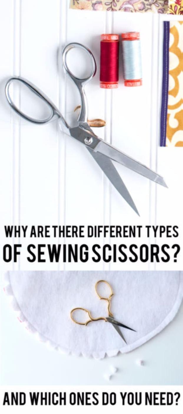 Graphic asking why there are different types of sewing scissors above bent handle shears and small snips