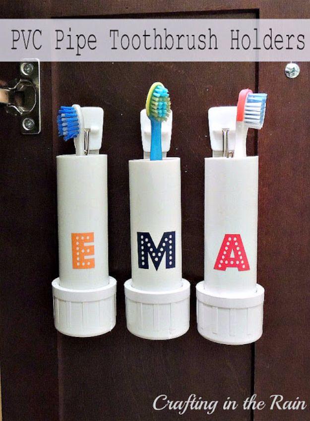PVC Pipe Toothbrush Holders, a popular choice on this list and a simple way to organize a small bathroom