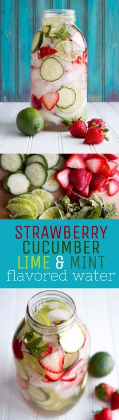 Strawberry, lime, cucumber and mint water layered in a tall jar with sliced fruit and mint against teal boards