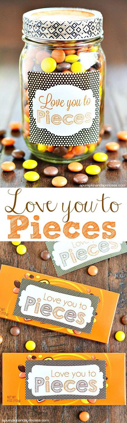 Mason jar filled with candy pieces and a Love You To Pieces printable tag tied on with ribbon to make at home