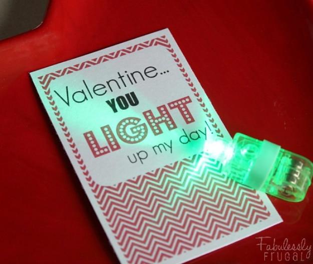 DIY Valentine Light Up My Day printable card with a paper light bulb design and a candy free glow favor