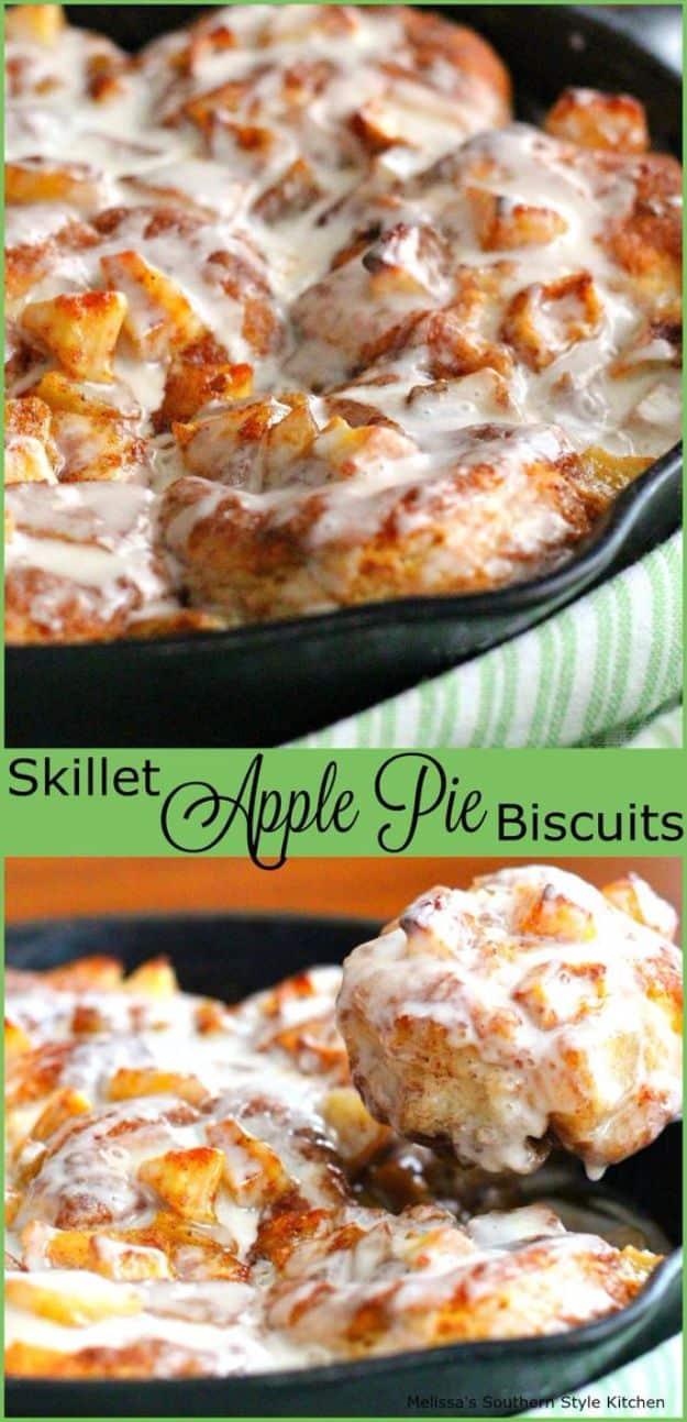 Skillet apple pie biscuits baked in cast iron with cinnamon apples bubbling up around golden canned biscuits