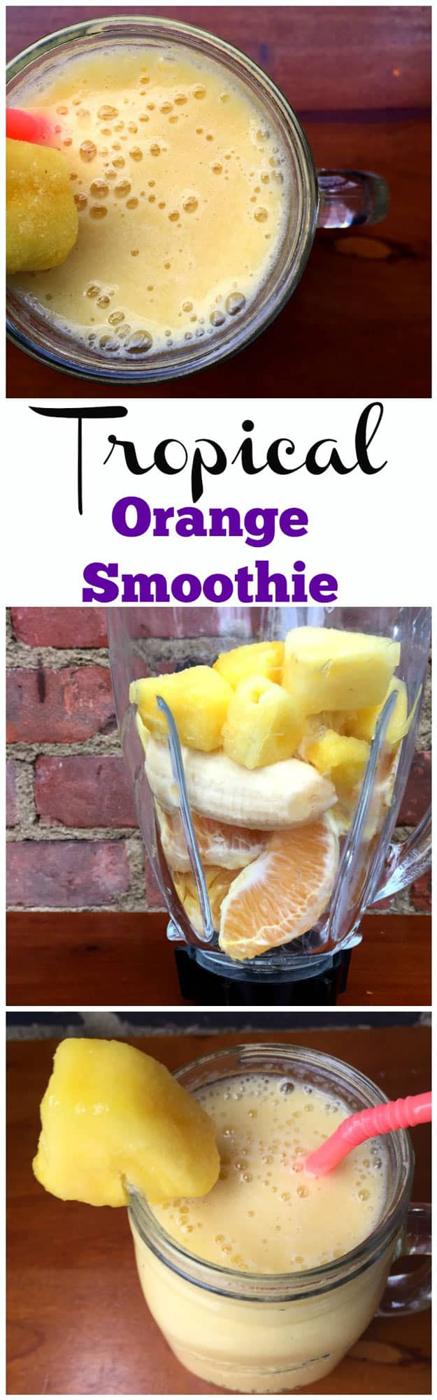 Tropical orange smoothie blended from a whole peeled orange, banana, frozen pineapple and almond milk