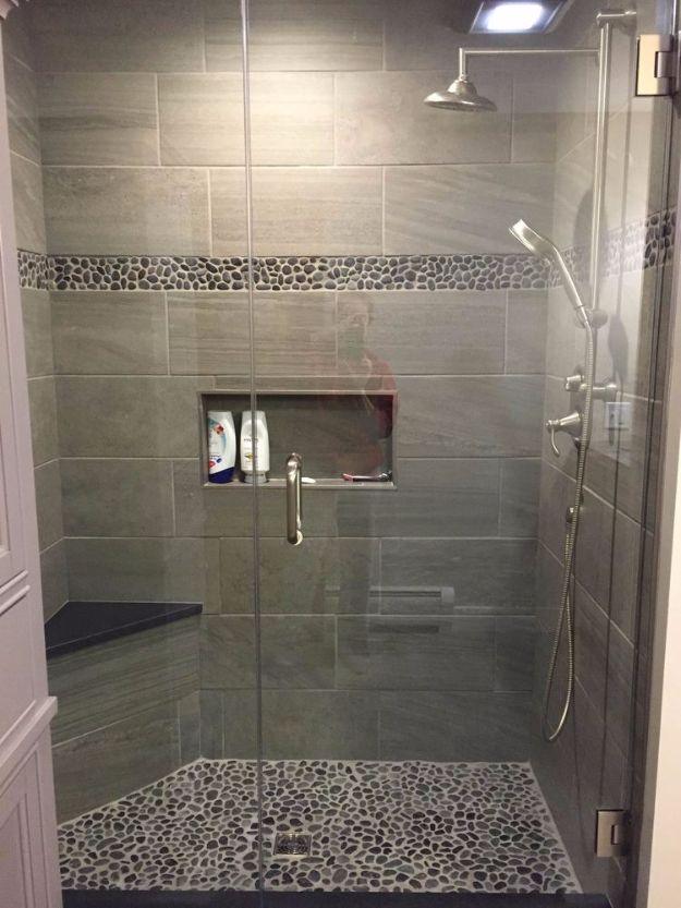 DIY Tile Ideas - Charcoal Black Pebble Tile Border Shower Accent - Creative Crafts for Bathroom, Kitchen, Living Room, and Fireplace - Awesome Shower and Bathtub Ideas - Fun and Ea