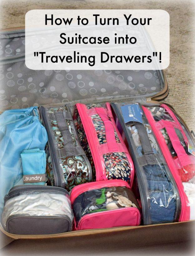 Graphic reading How to Turn Your Suitcase into Traveling Drawers over a case full of colored packing cubes