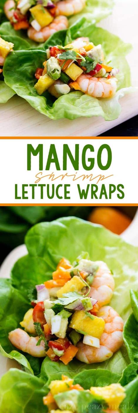 Mango shrimp lettuce wraps, butter lettuce cups filled with shrimp, diced mango and fresh avocado salsa