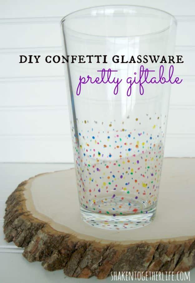 Christmas Confetti Glassware, cheap to pull off with dollar store finds and a piece worth keeping out on display