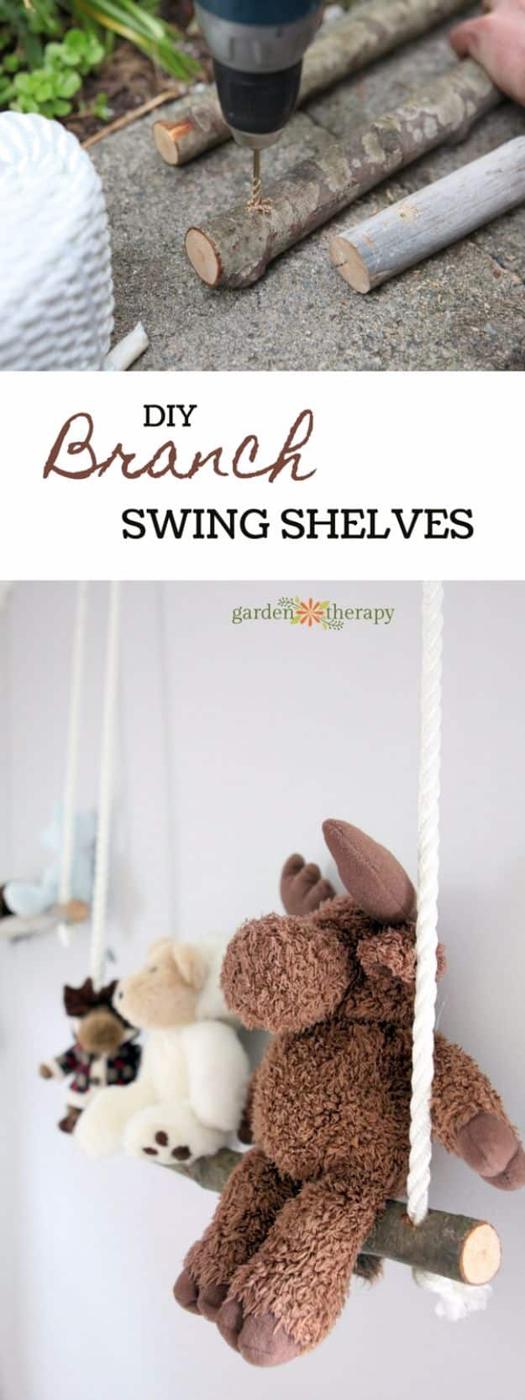 DIY Playroom Ideas and Furniture - Branch Swing Shelves - Easy Play Room Storage, Furniture Ideas for Kids, Playtime Rugs and Activity Mats, Shelving, Toy Boxes and Wall Art - Cute