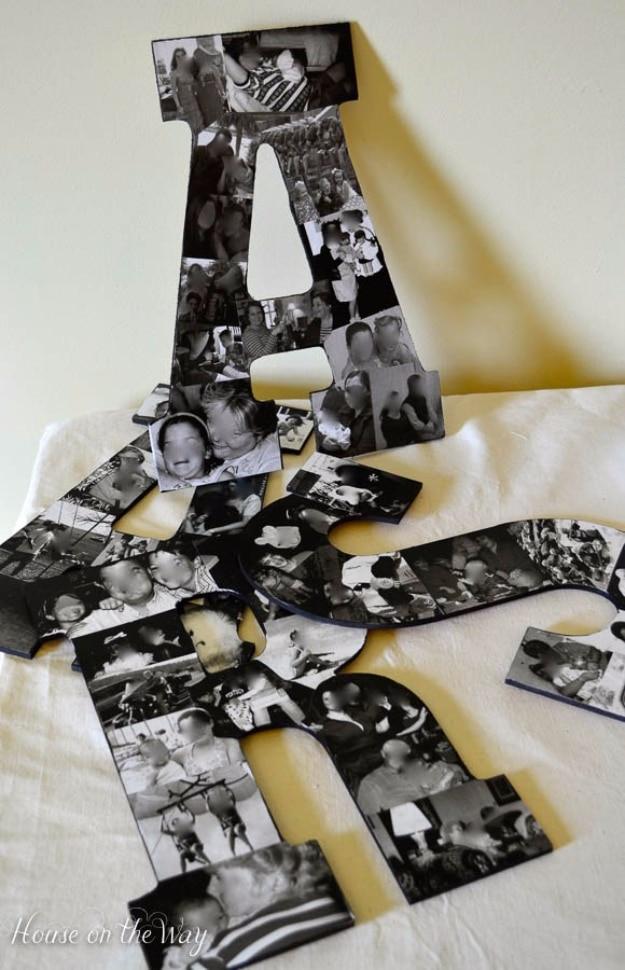 DIY Photo Collage Letters, cheap to pull off with items from a bargain aisle and warmth that a plain corner was missing