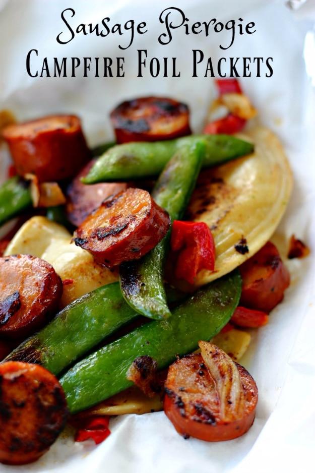 Sausage and pierogie foil packet cooked over the campfire for an easy relaxing camp dinner with no dishes