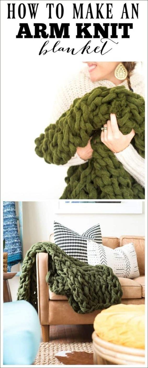Arm Knit Blanket, low pressure enough to try this weekend and a great fix using stuff you already have on a shelf