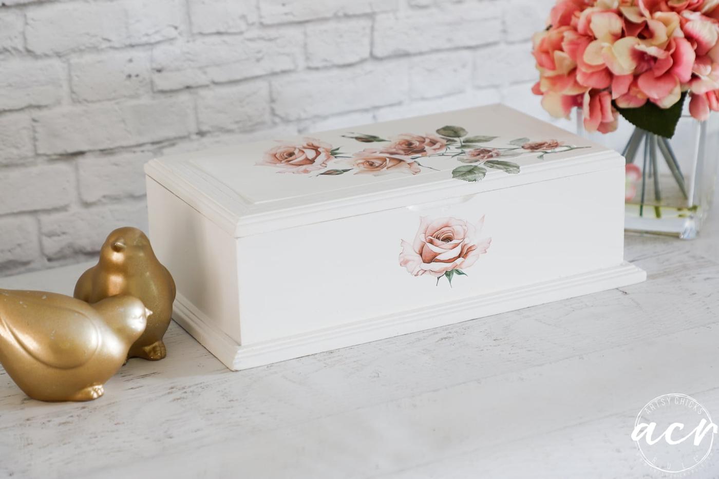 Thrifted Jewelry Box With Rose Transfers, a handmade storage accent, budget friendly using stuff already sitting in a bin