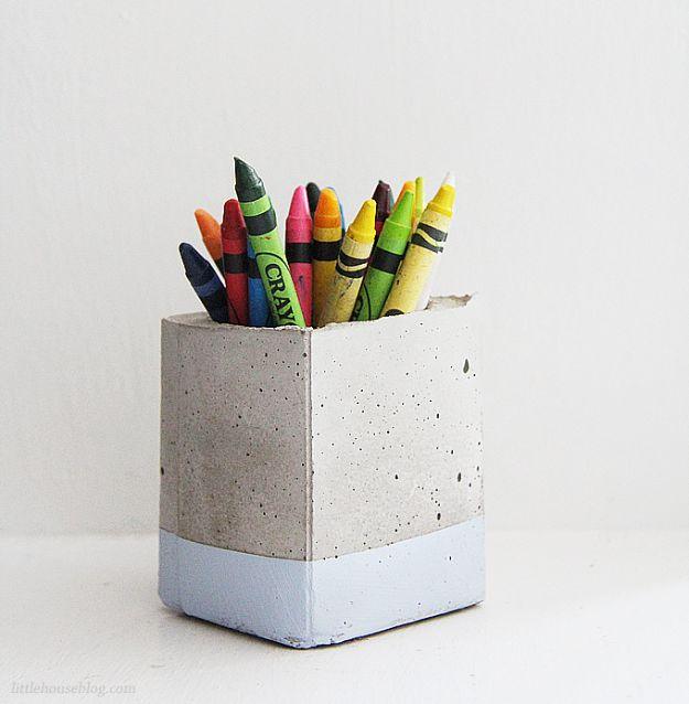 DIY Projects With Concrete - Concrete Crayon Organizer - Easy Home Decor and Cheap Crafts Made With Cement - Ideas for DIY Christmas Gifts, Outdoor Decorations