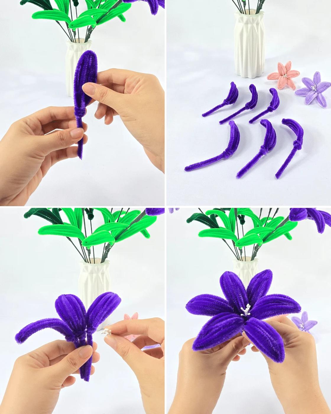 DIY pipe cleaner lilies bouquet standing in a vase, a handmade chenille stem flower arrangement craft