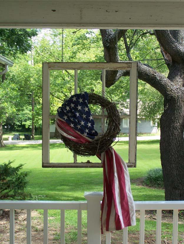 Rustic DIY Ideas With the American Flag | Patriotic Flag Country Crafts and DIY Projects for the Home and Backyard | Flag Wrapped Wreath in Old Window