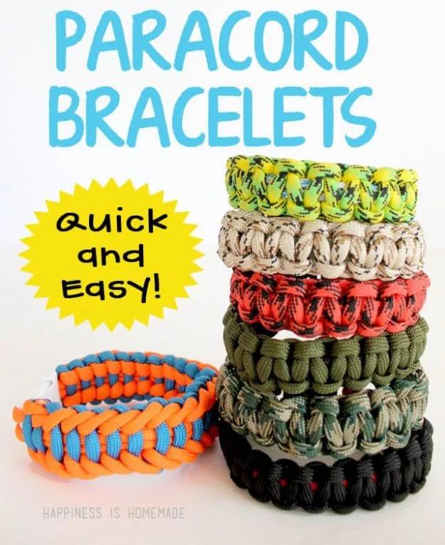 Pin graphic reading Paracord Bracelets Quick and Easy above a stacked pile of woven paracord bracelets