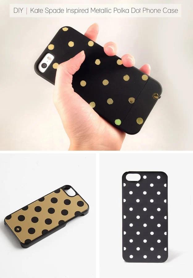DIY Kate Spade inspired metallic polka dot phone case, a hand holding a black case dotted in gold foil circles
