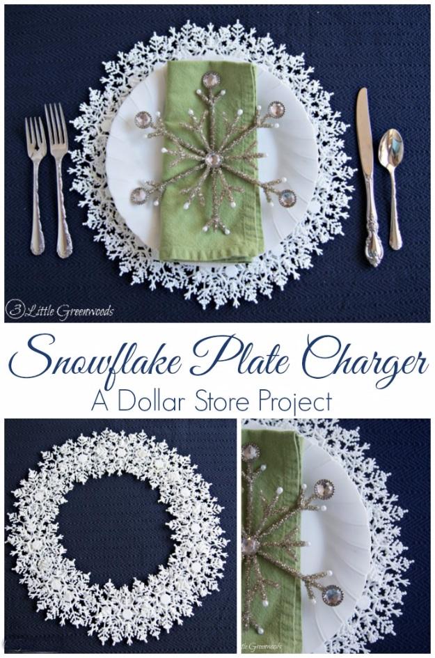 Lacy white snowflake plate charger set under a white plate and a green linen napkin on a navy tablecloth