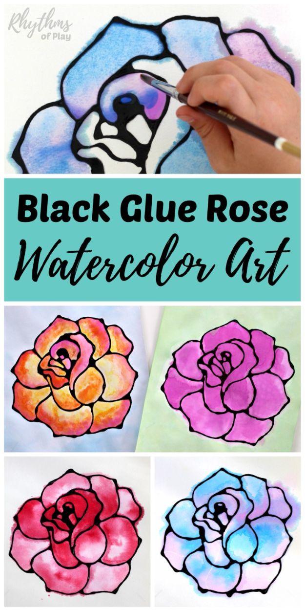 How To Paint Flowers - Black Glue Rose Watercolor Resist Art Project - Step by Step Tutorials for Painting Roses, Daisies, Whimsical and Abstract Floral Techniques - Easy Acrylic F