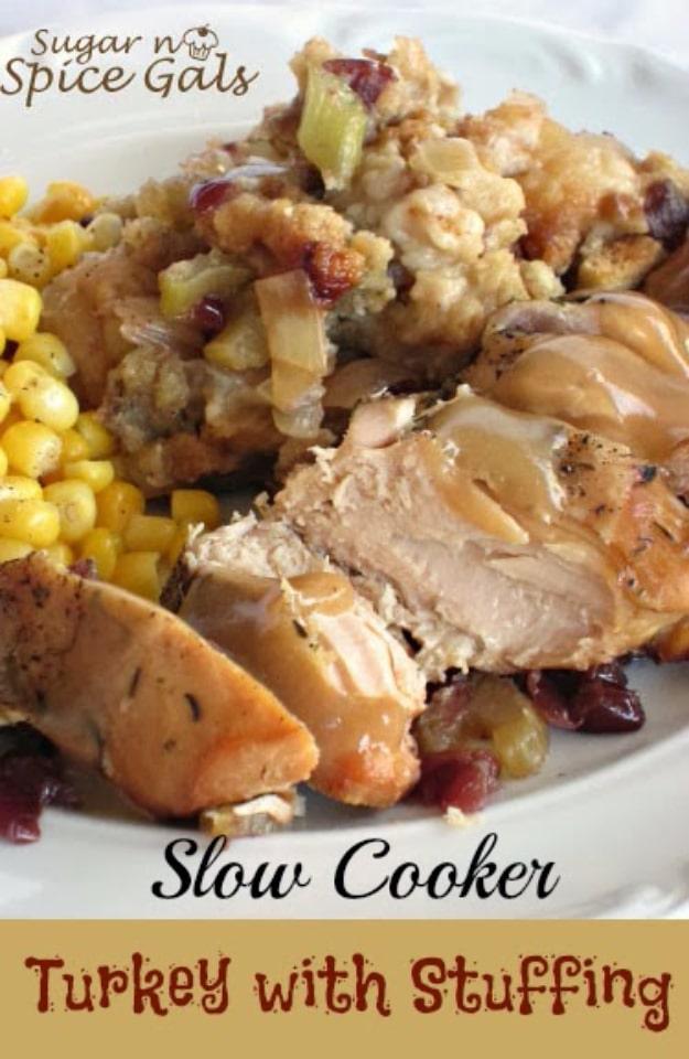Cooked turkey with gravy and stuffing beside corn on a plate, with source branding and title text visible