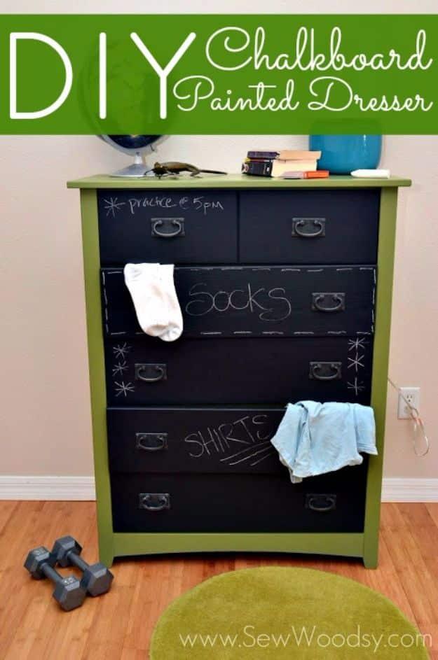 DIY Chalkboard Painted Dresser, a budget friendly way to update the space and one of the more clever picks on this list