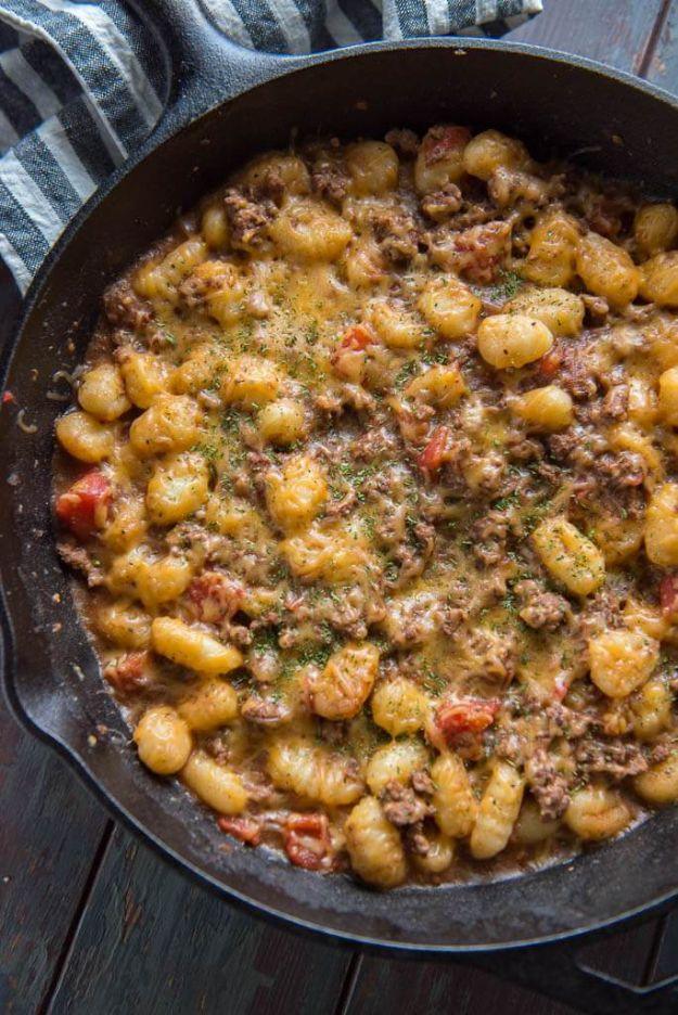 Cheeseburger gnocchi skillet with pan browned potato gnocchi, ground beef, tomatoes and melted cheese