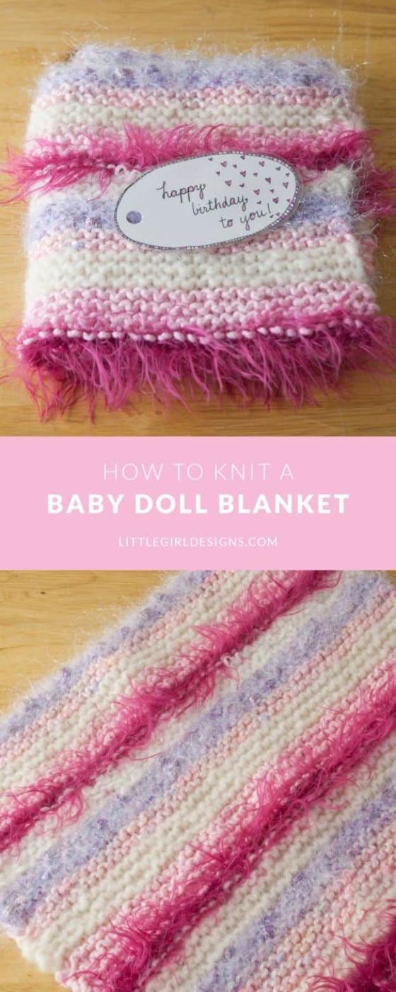 Small pink and cream striped doll blanket with fluffy fringed ends, folded on wood beneath typeset lettering