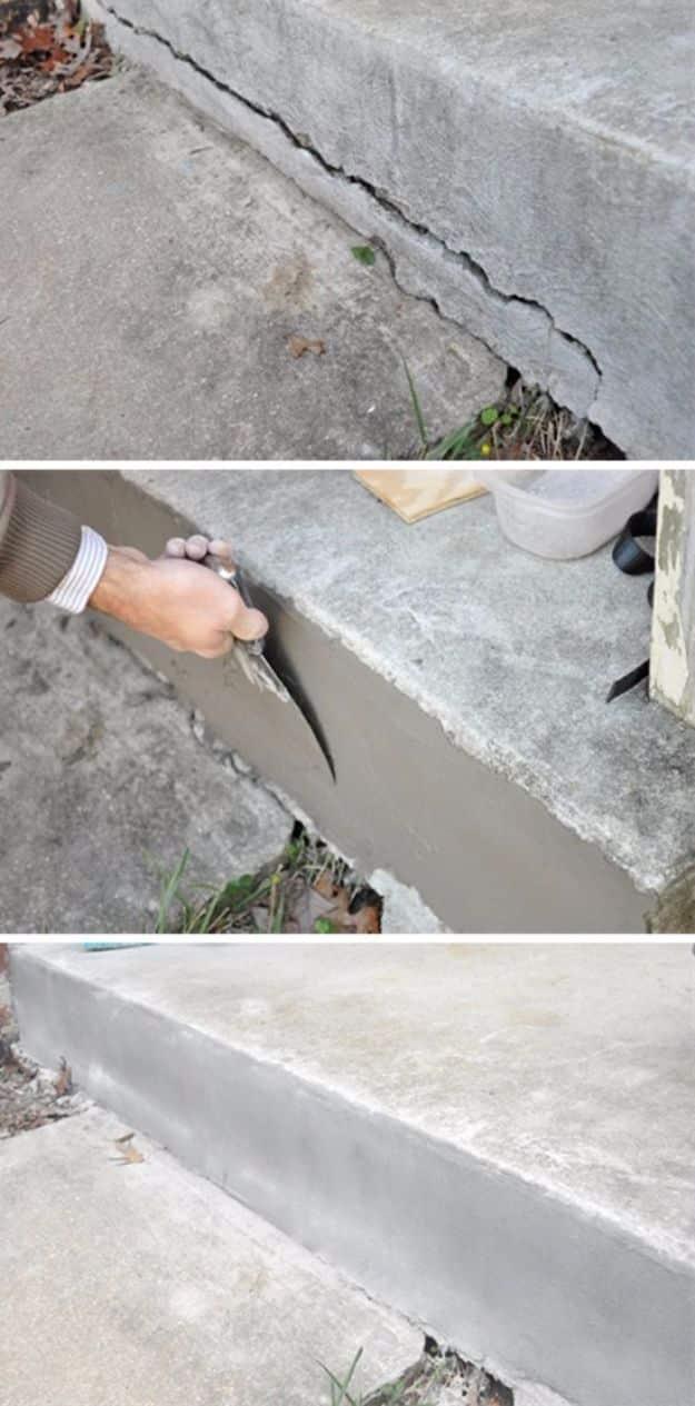 Cracked concrete stoop repair collage showing the long crack, mortar being worked in with a trowel and the smoothed finish