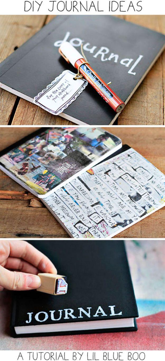 DIY journal ideas graphic showing a chalkboard painted journal with a chalk pen, an art journal spread and a book