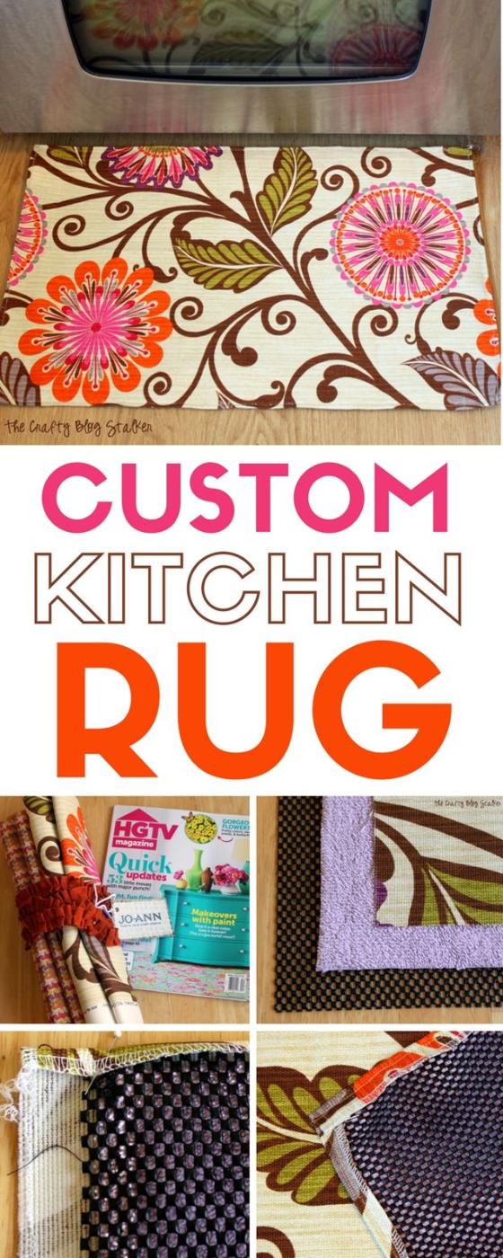 Floral fabric DIY kitchen rug sewn over a towel and non-slip liner, shown with process photos of the layers