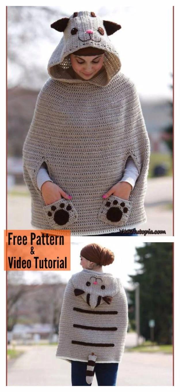 Kitty cat poncho crochet pattern, a hooded beige crochet poncho with cat ears and paw pad pockets worn outdoors
