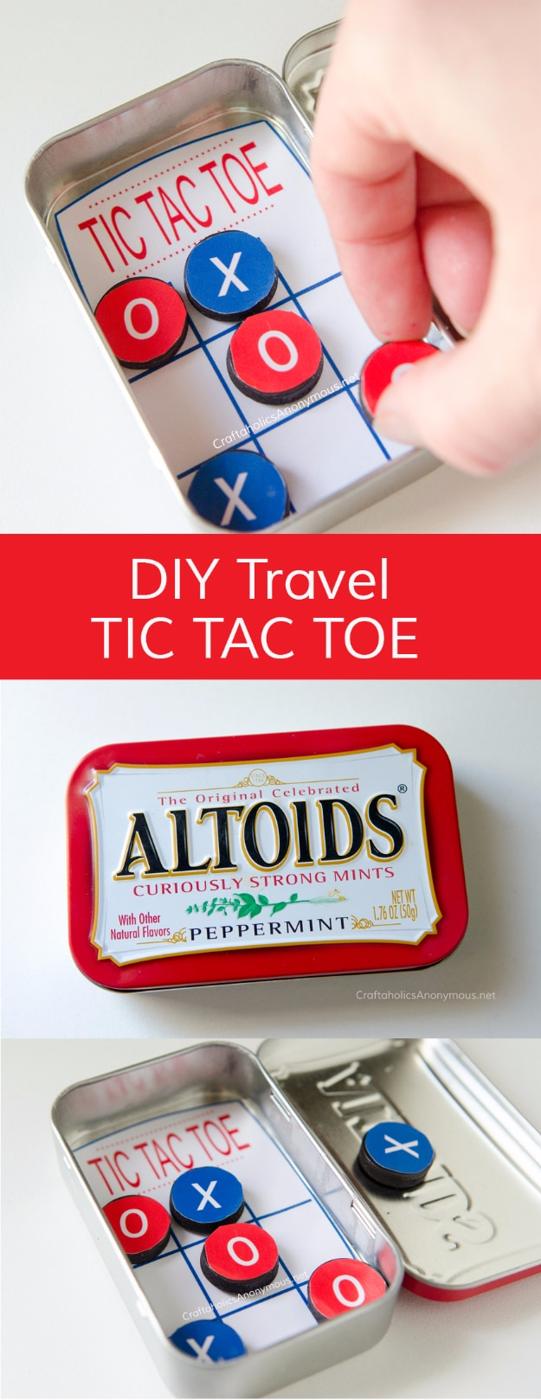 DIY pocket tic tac toe game, an Altoids tin with a printed game board inside and red and blue magnet playing pieces