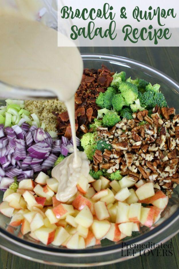 Broccoli and quinoa salad with sections of red onion, broccoli, pecans, bacon and apple and dressing pouring in