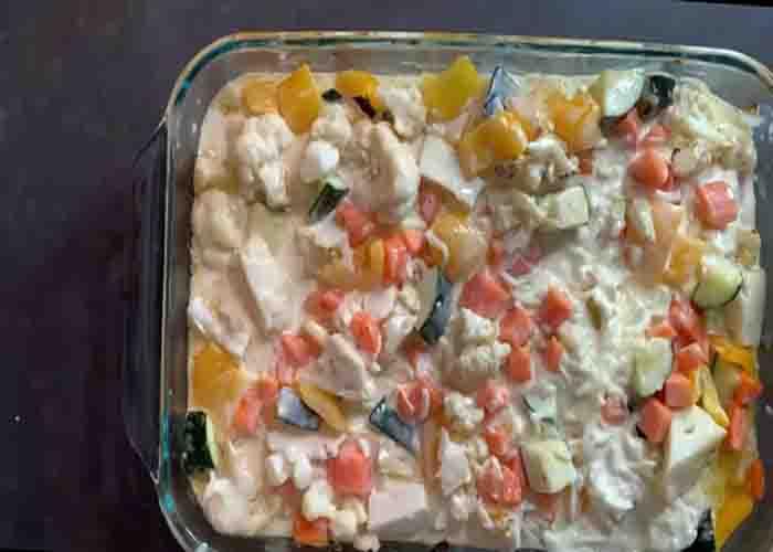Combining the roasted veggies and the cream mixture