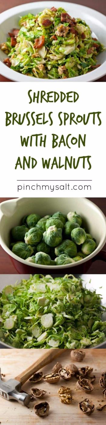 Shredded brussels sprouts cooked with crumbled bacon and toasted walnuts, piled up in a cast iron skillet