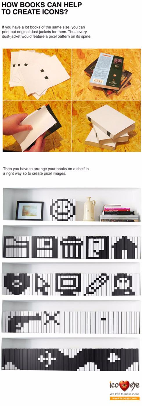 Pixelated Bookshelf, simple enough for a first attempt at the technique and a centerpiece that gets noticed first