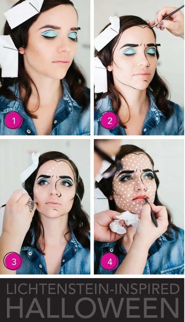 Lichtenstein inspired Halloween makeup shown step by step with comic dots, black outlines and a blue tear